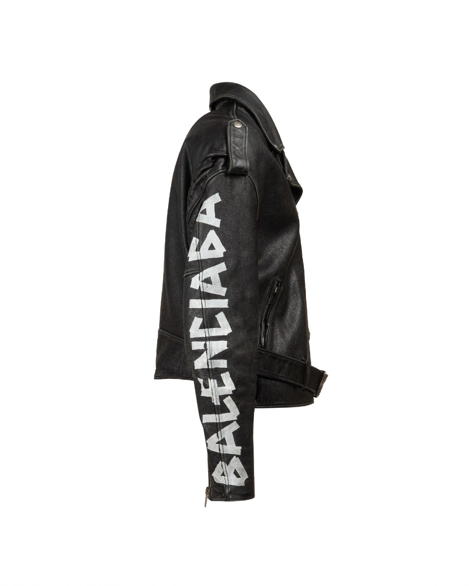 Balenciaga sleeve painted logo oversized leather moto jacket thumbnail