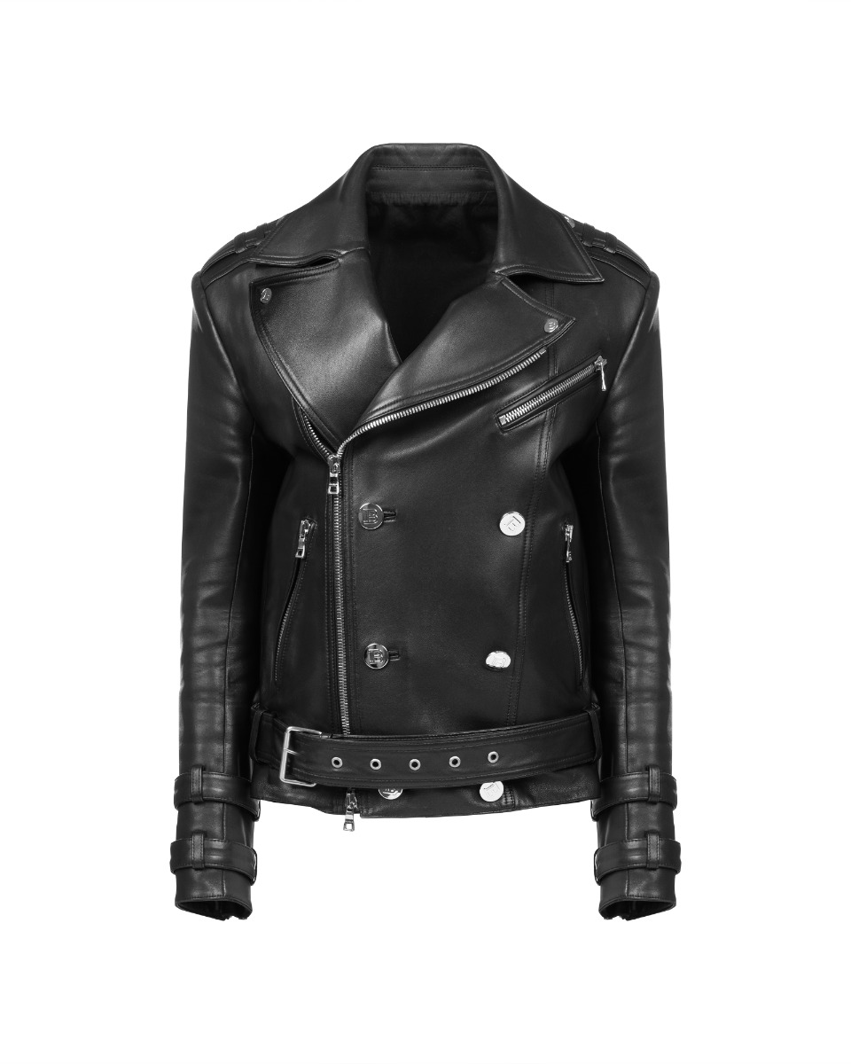 Balmain button-detailed leather biker jacket thumbnail