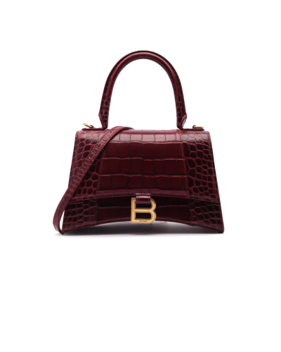 Balenciaga Hourglass small crocodile embossed maroon leather bag