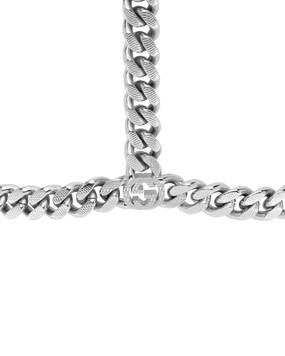 Gucci leather collar choker on silver cuban link chain thumbnail